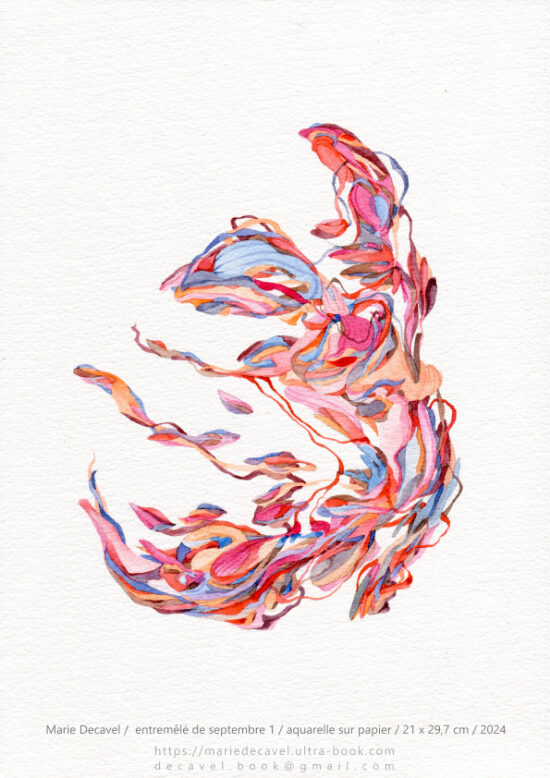 petites et moyennes aquarelles, entremêlées,superposées, nouées .